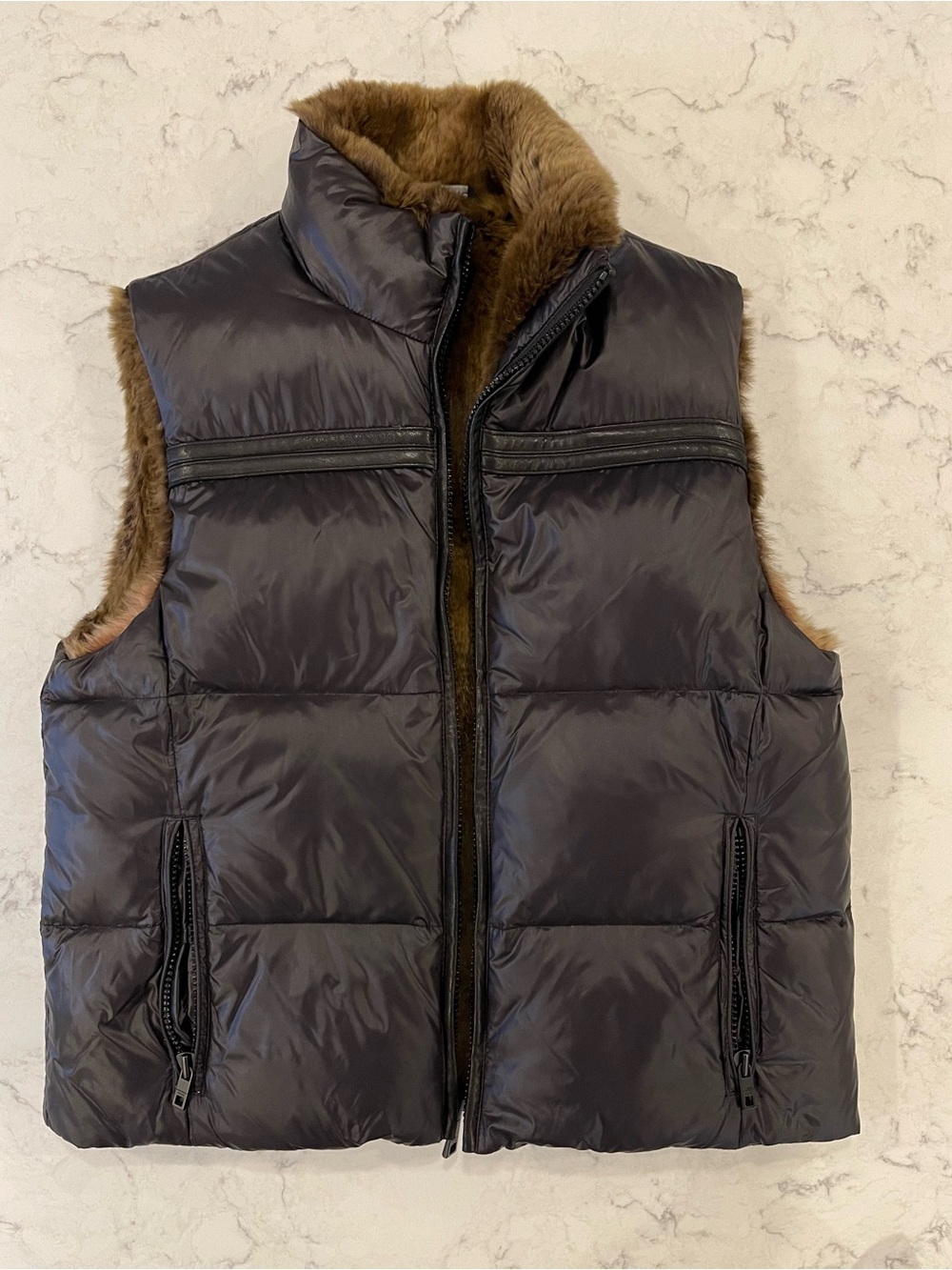 Men's Brown Faux Fur-Lined Puffer Vest